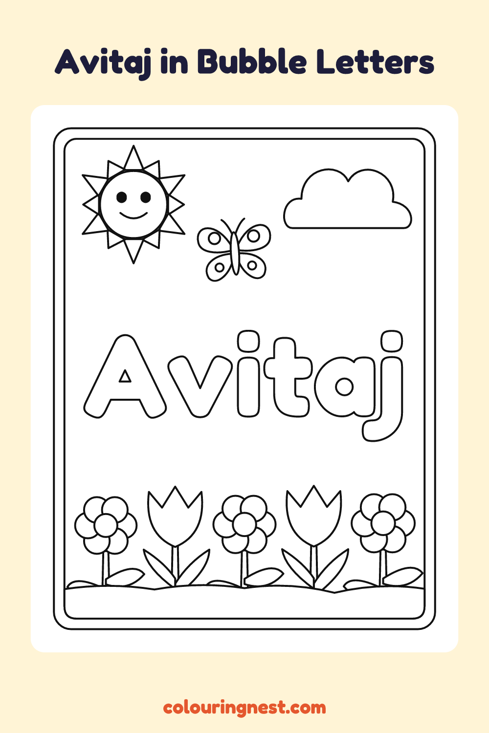 Avitaj in Bubble Letters coloring page: free printable black-and-white line art