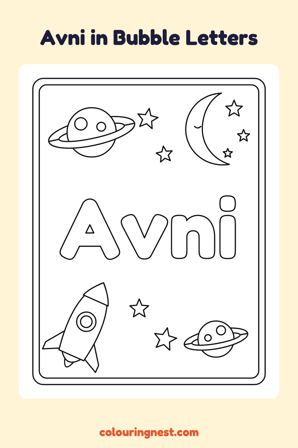 Avni in Bubble Letters coloring page: free printable black-and-white line art