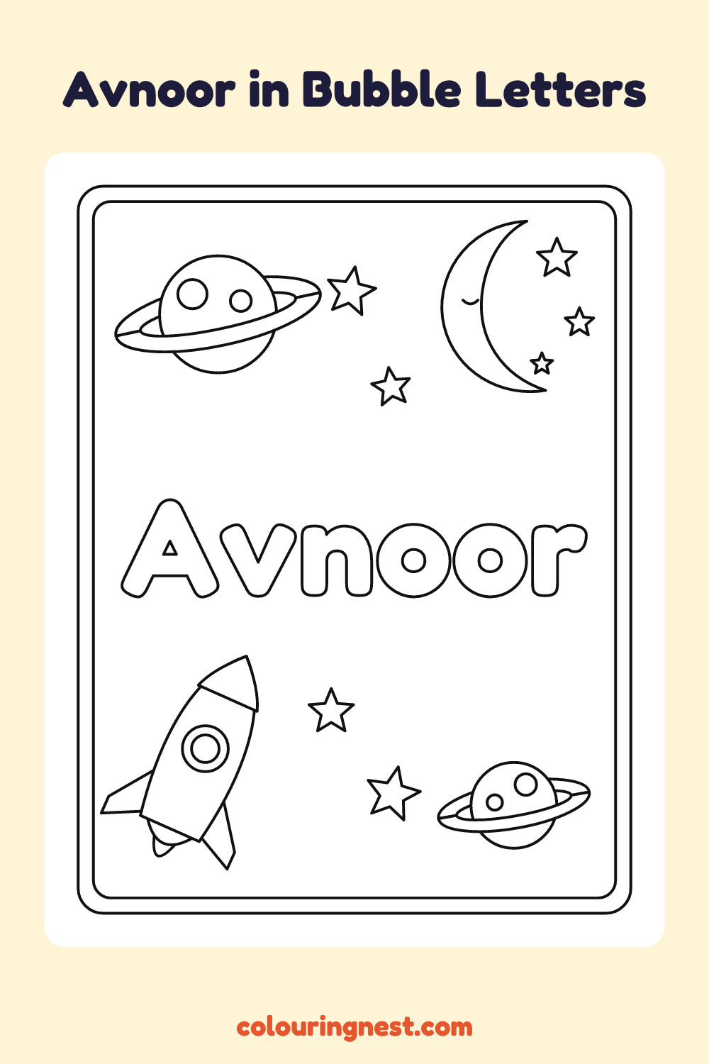 Avnoor in Bubble Letters coloring page: free printable black-and-white line art