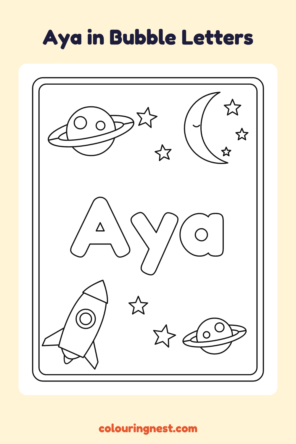 Aya in Bubble Letters coloring page: free printable black-and-white line art