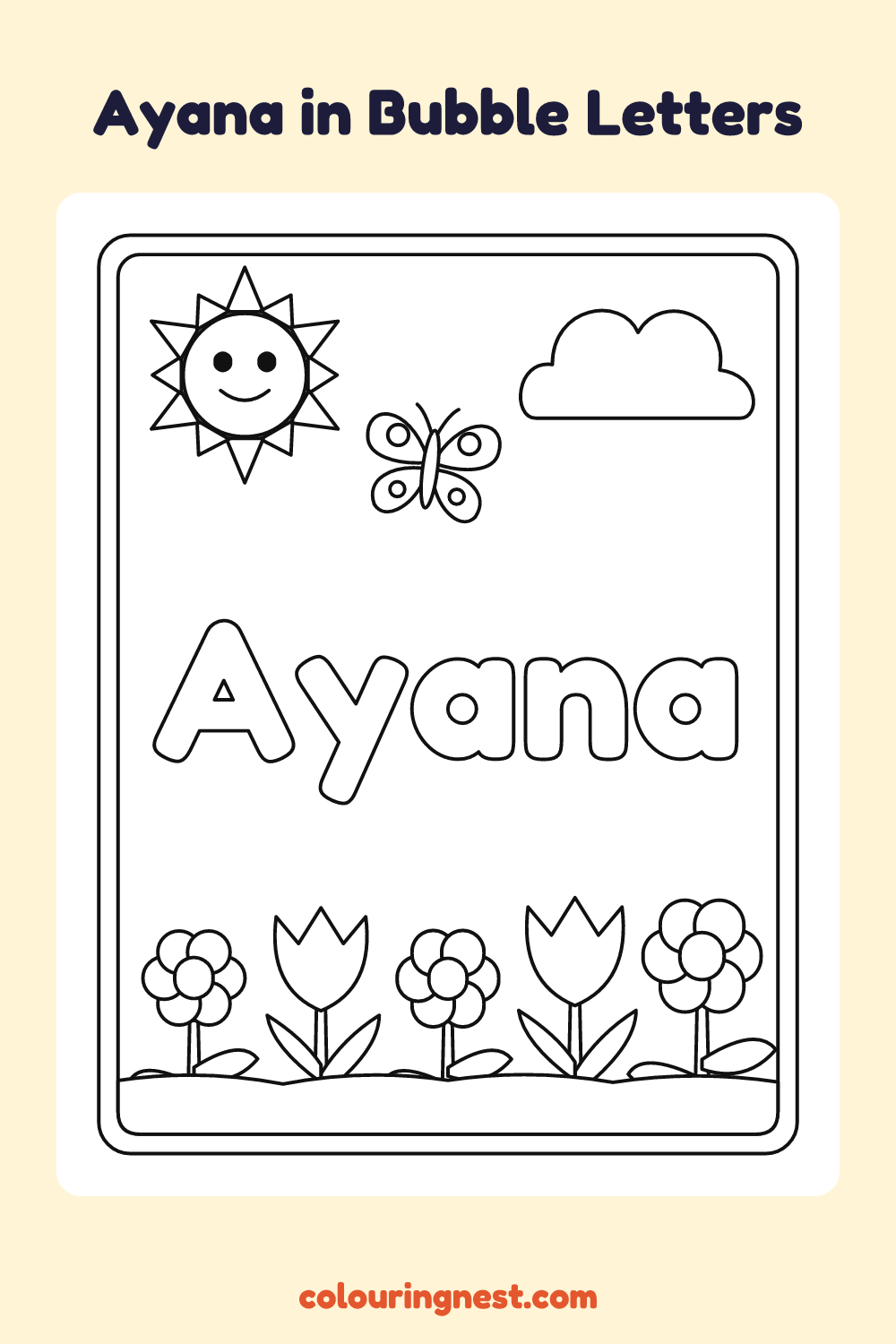 Ayana in Bubble Letters coloring page: free printable black-and-white line art