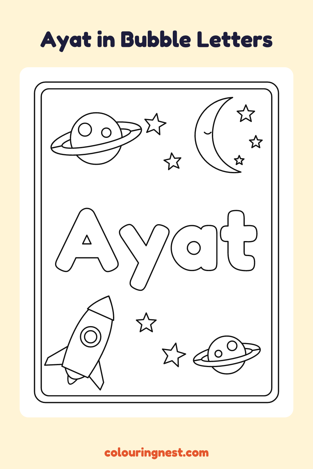 Ayat in Bubble Letters coloring page: free printable black-and-white line art