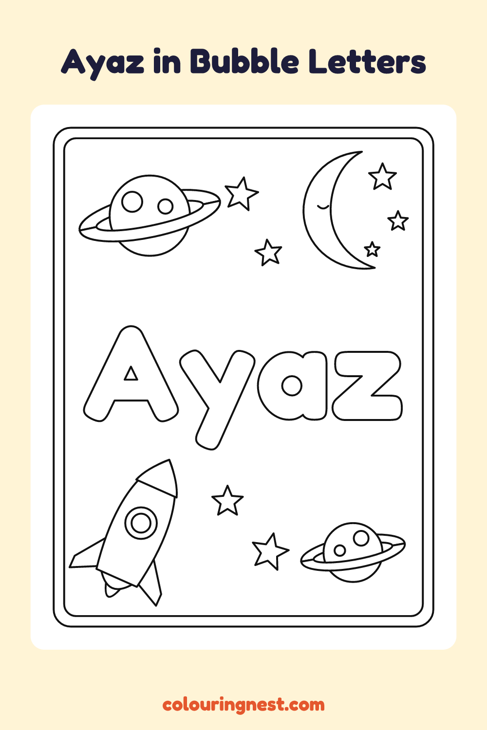 Ayaz in Bubble Letters coloring page: free printable black-and-white line art