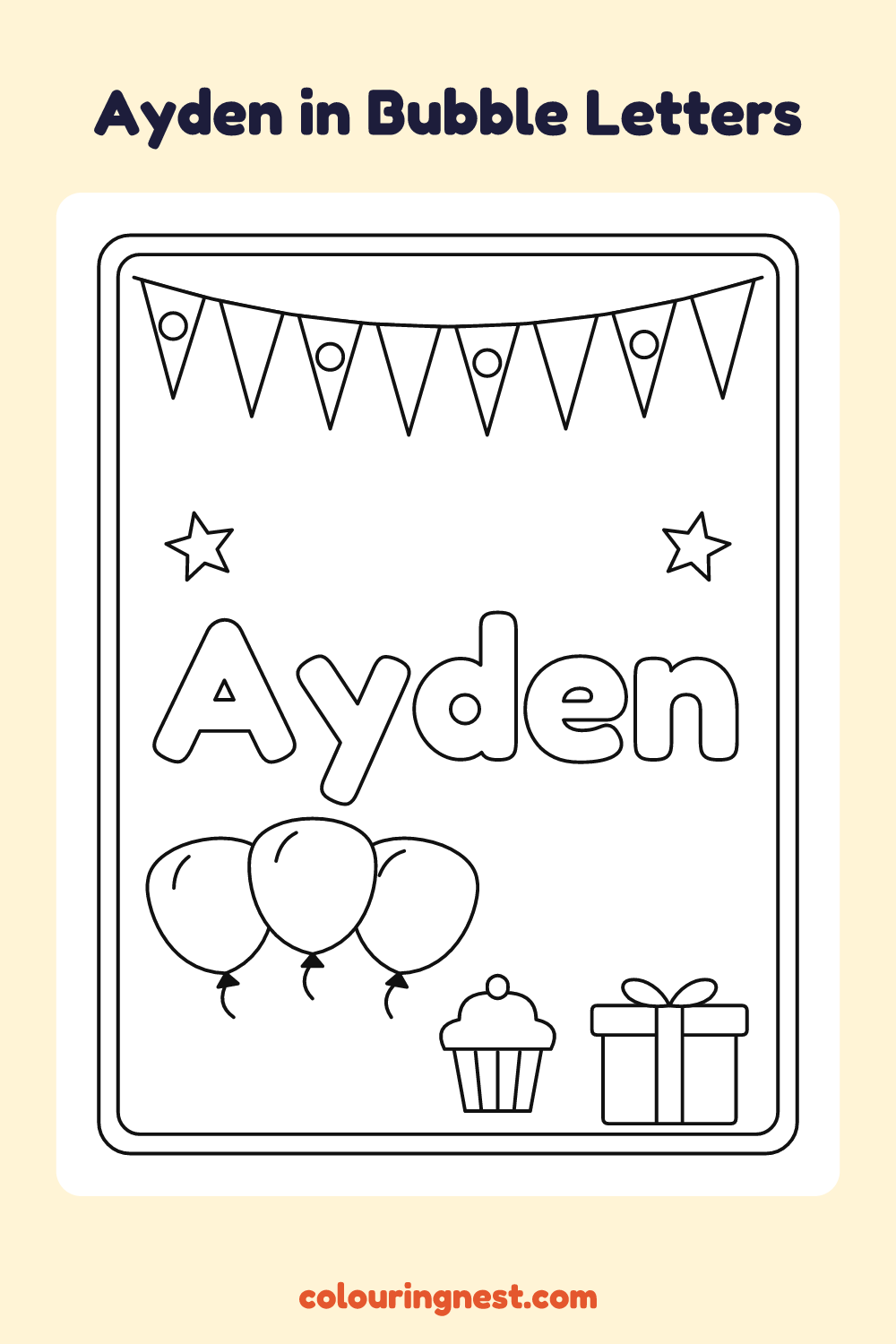 Ayden in Bubble Letters coloring page: free printable black-and-white line art
