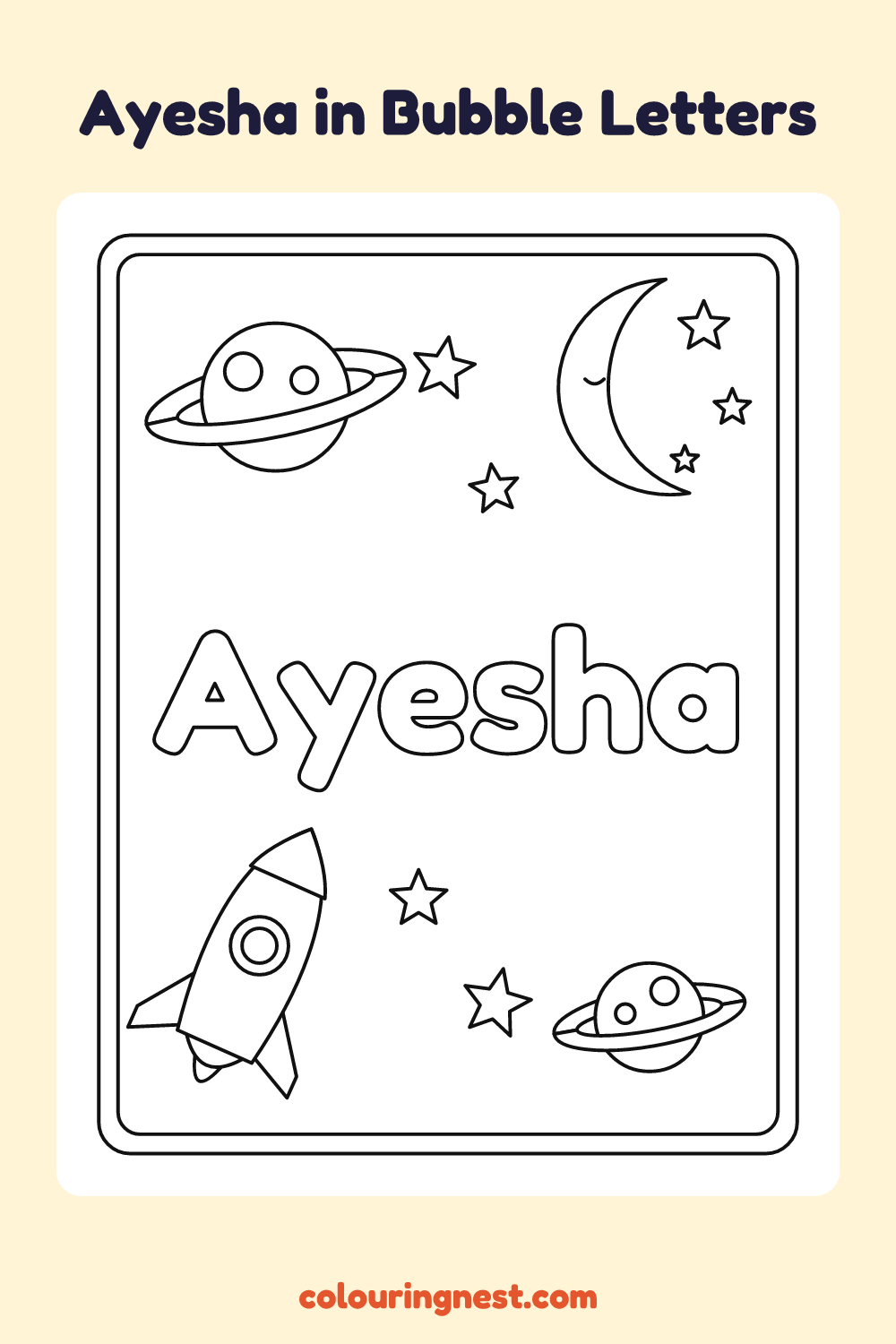 Ayesha in Bubble Letters coloring page: free printable black-and-white line art