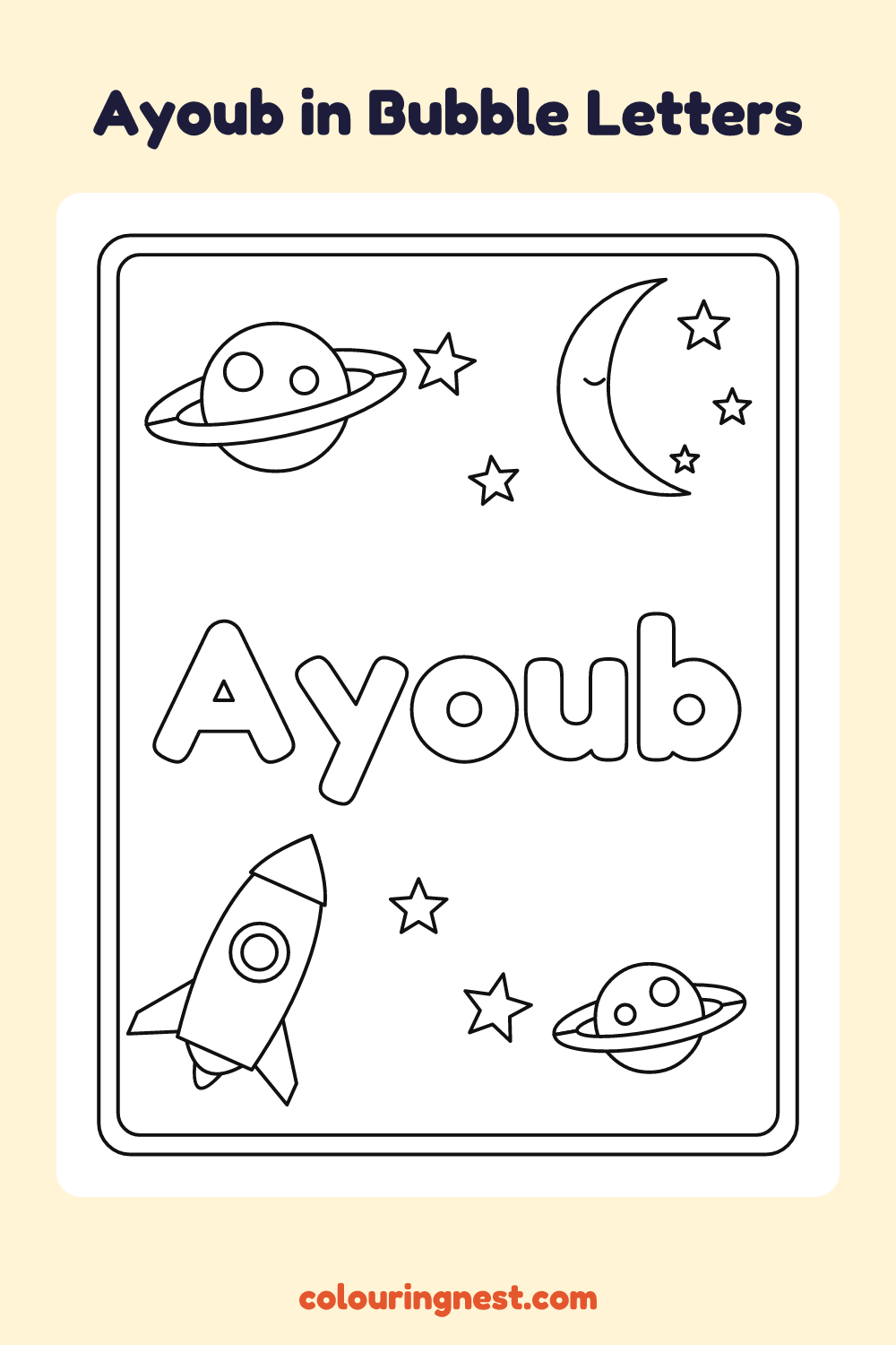 Ayoub in Bubble Letters coloring page: free printable black-and-white line art