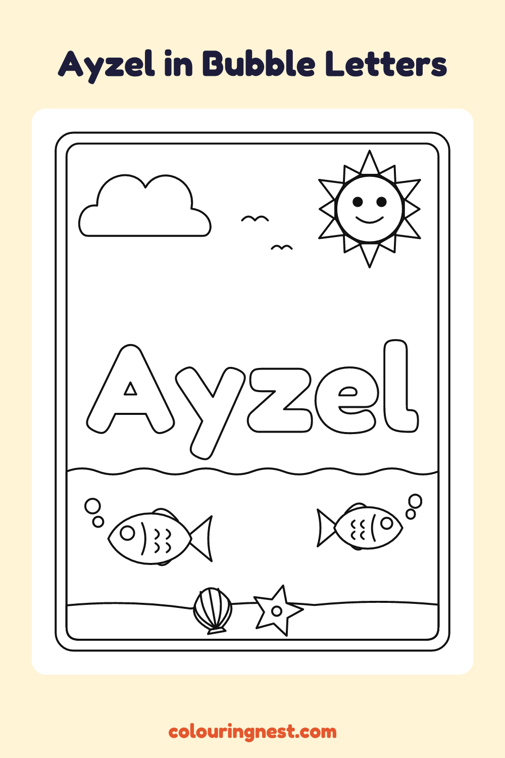 Ayzel in Bubble Letters coloring page: free printable black-and-white line art