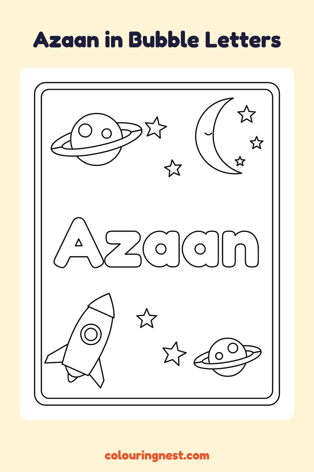 Azaan in Bubble Letters coloring page: free printable black-and-white line art