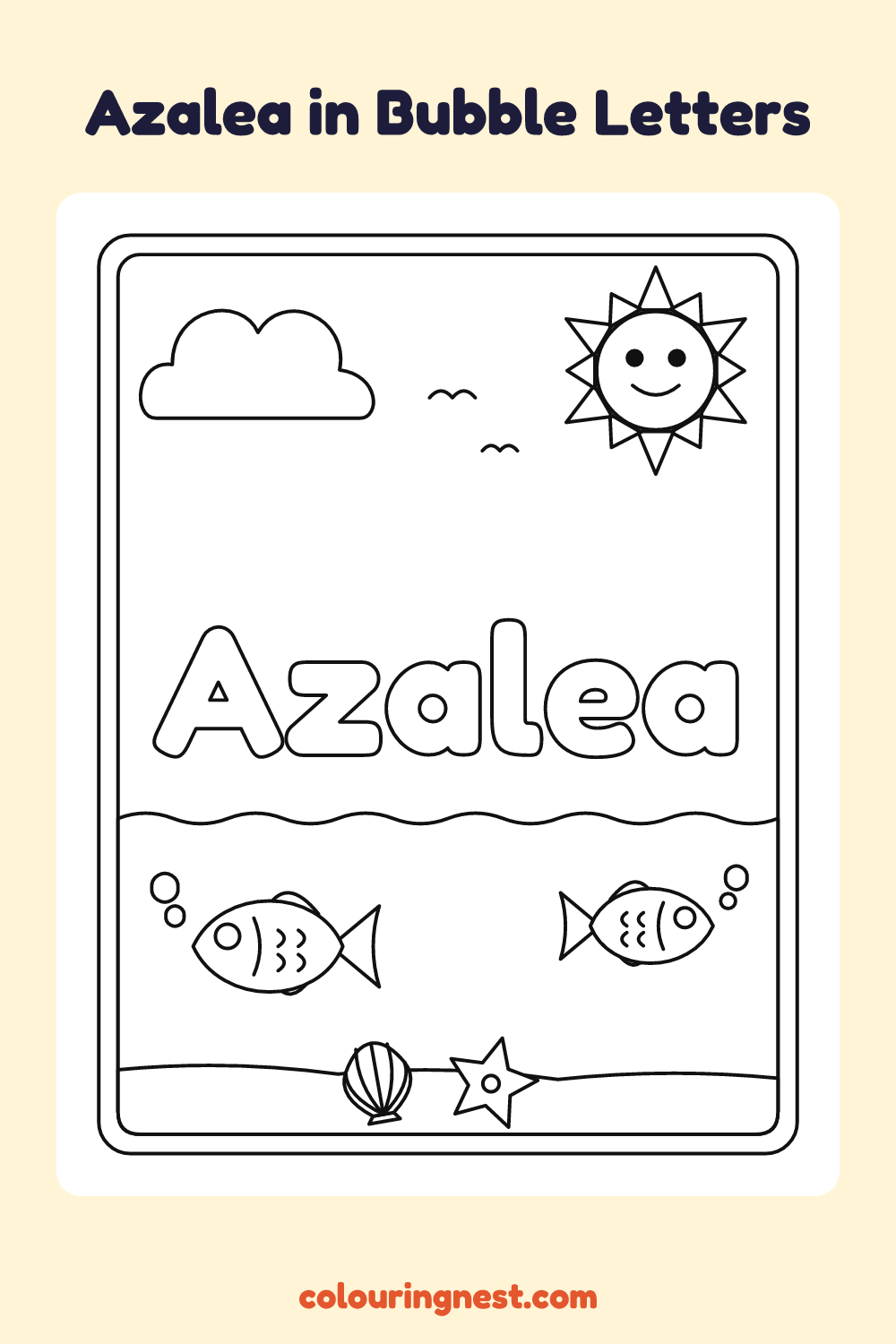 Azalea in Bubble Letters coloring page: free printable black-and-white line art