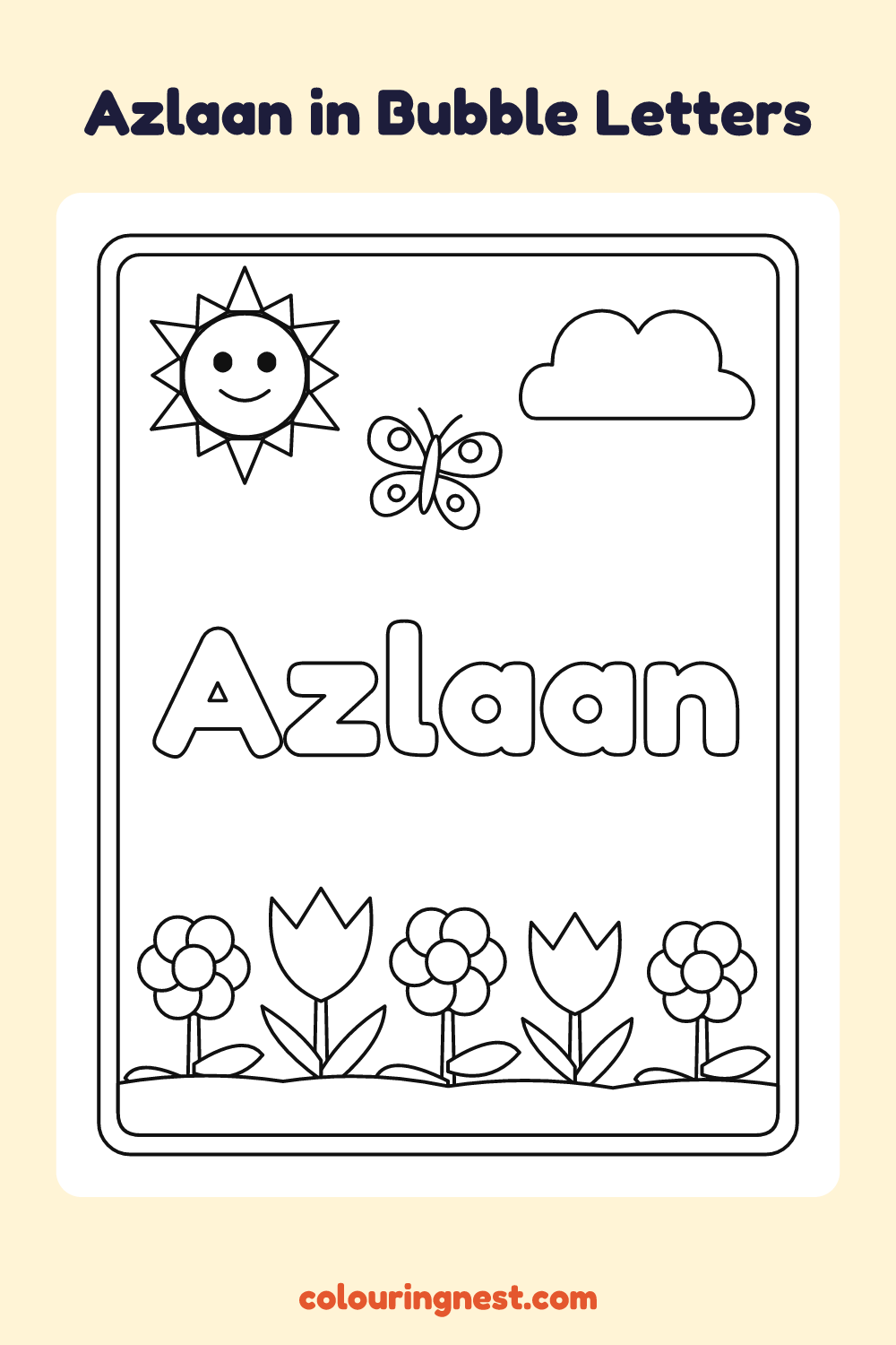 Azlaan in Bubble Letters coloring page: free printable black-and-white line art