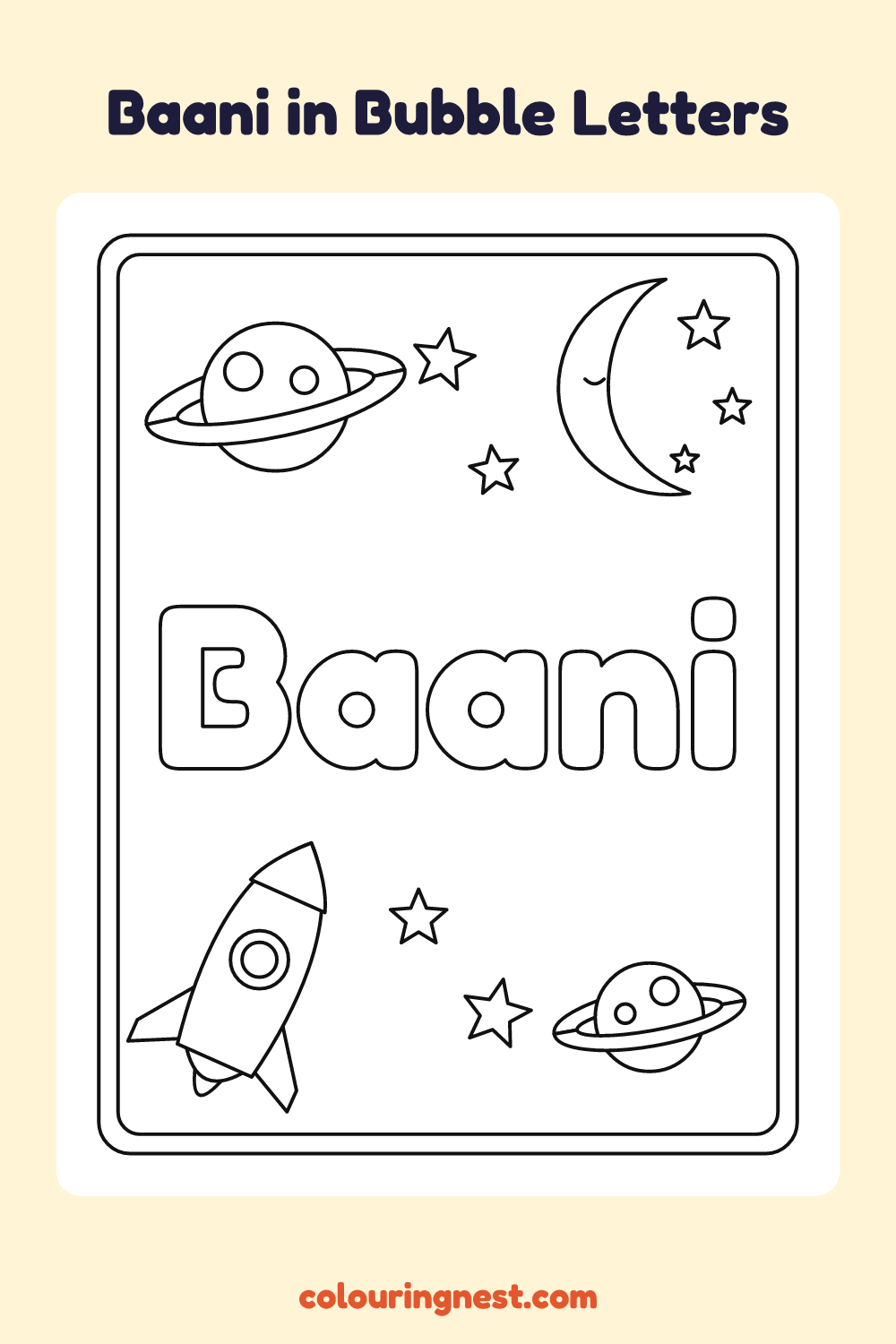 Baani in Bubble Letters coloring page: free printable black-and-white line art