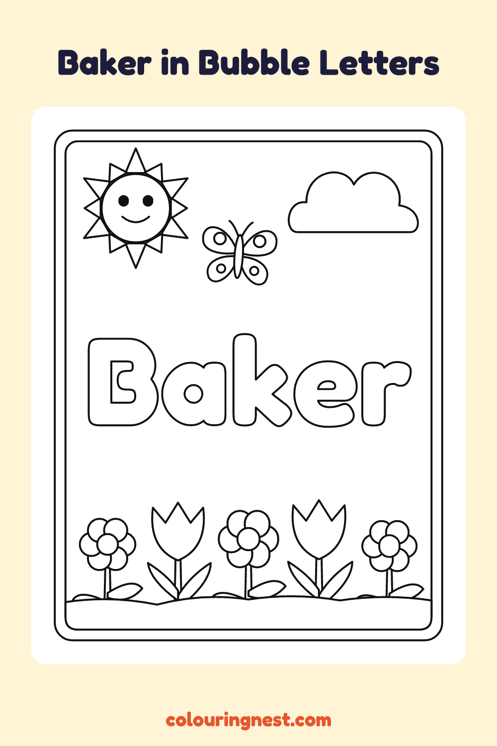 Baker in Bubble Letters coloring page: free printable black-and-white line art