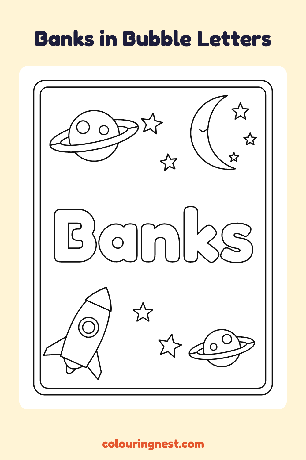 Banks in Bubble Letters coloring page: free printable black-and-white line art