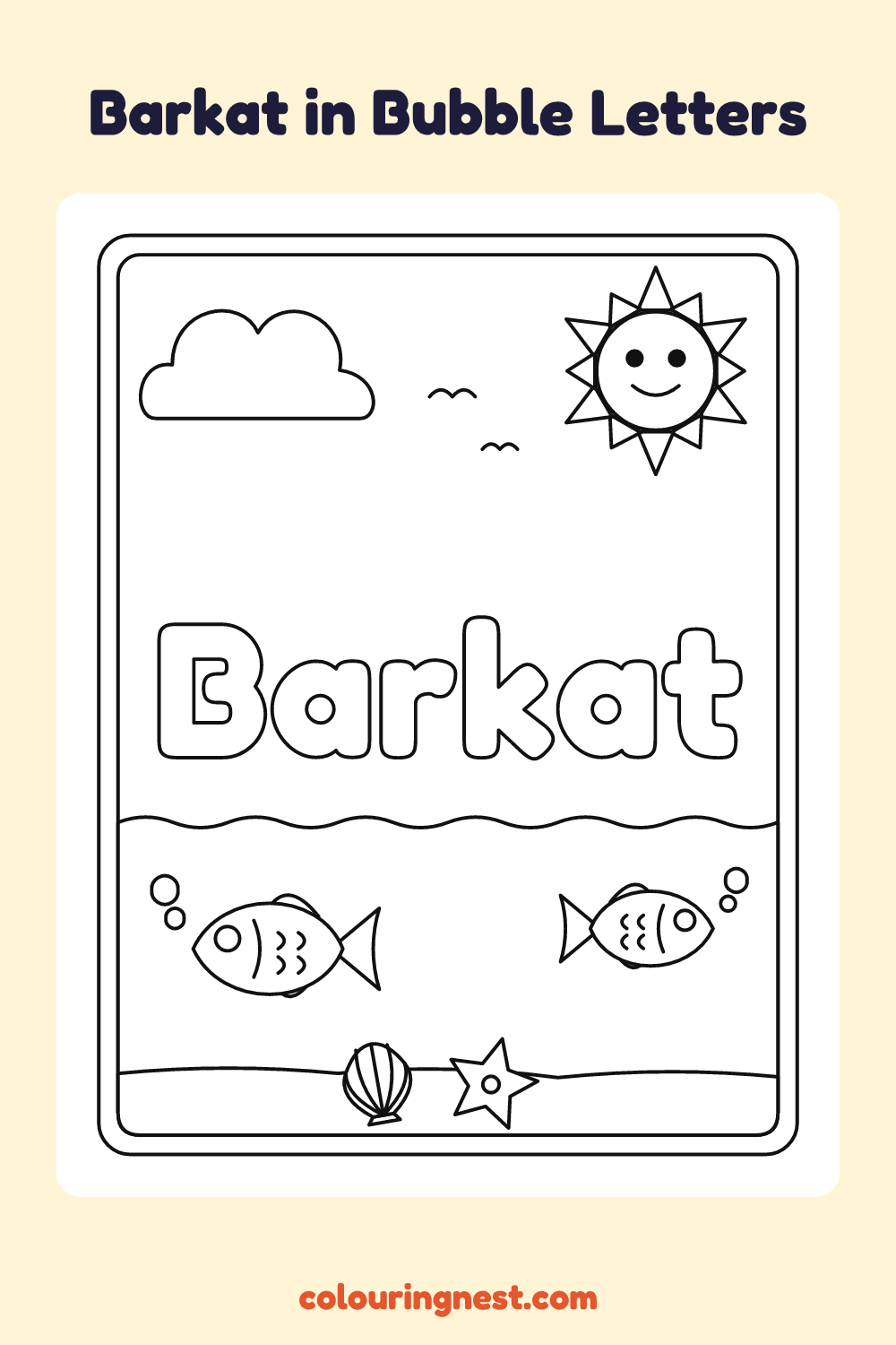 Barkat in Bubble Letters coloring page: free printable black-and-white line art