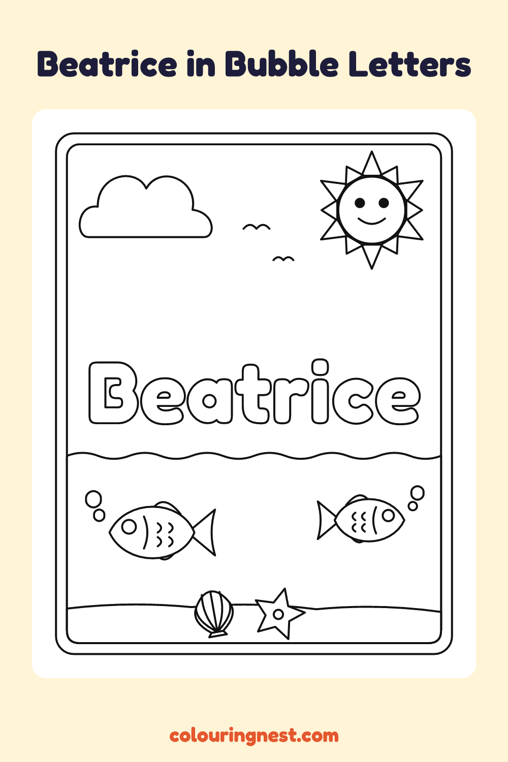 Beatrice in Bubble Letters coloring page: free printable black-and-white line art