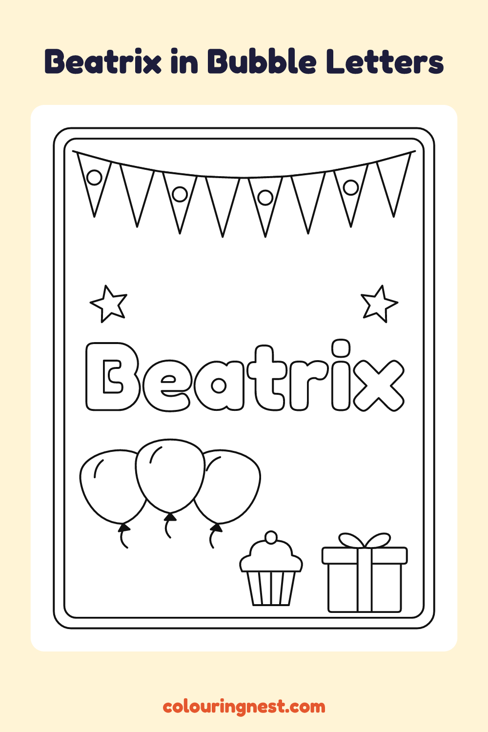 Beatrix in Bubble Letters coloring page: free printable black-and-white line art