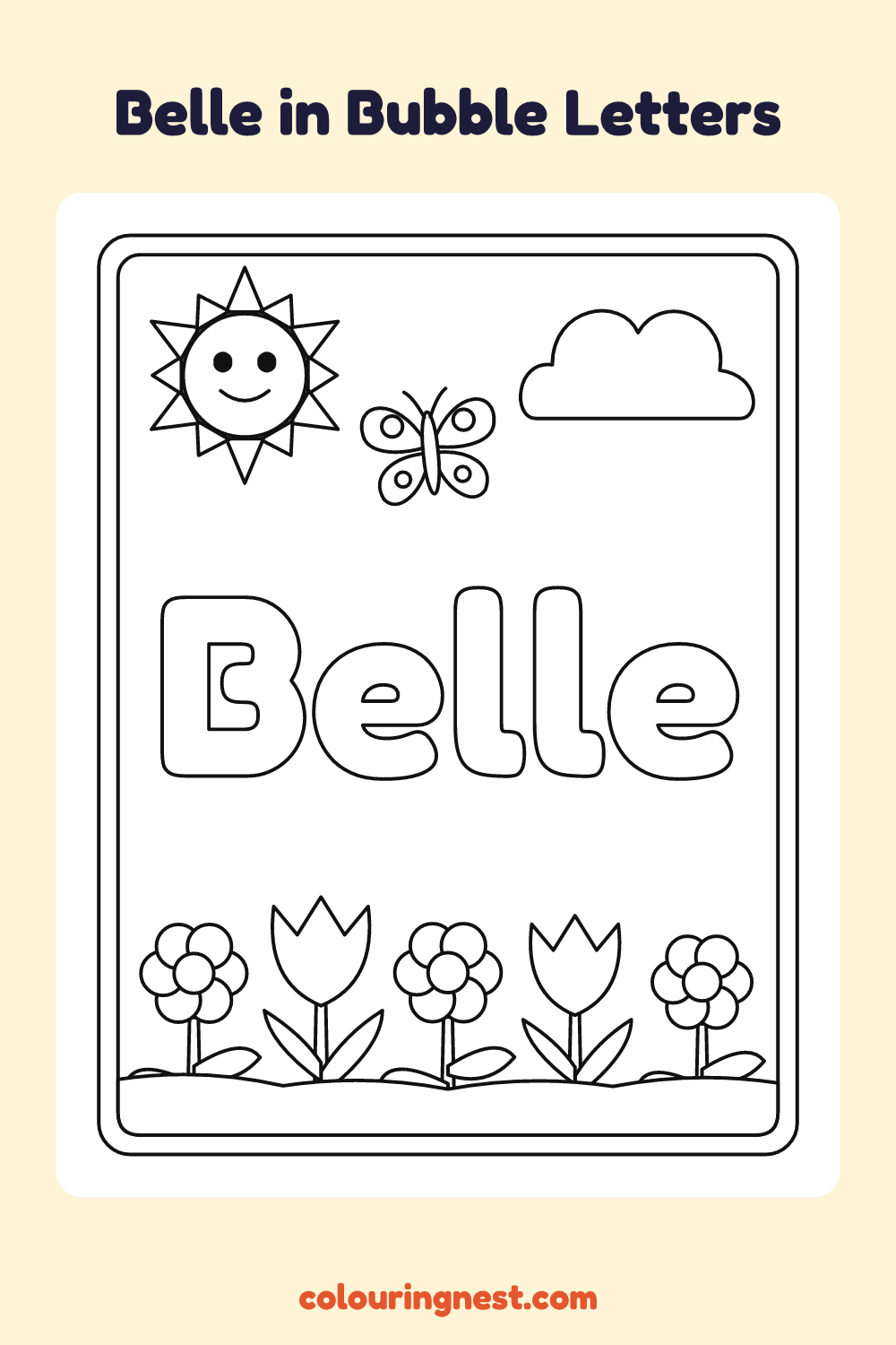 Belle in Bubble Letters coloring page: free printable black-and-white line art