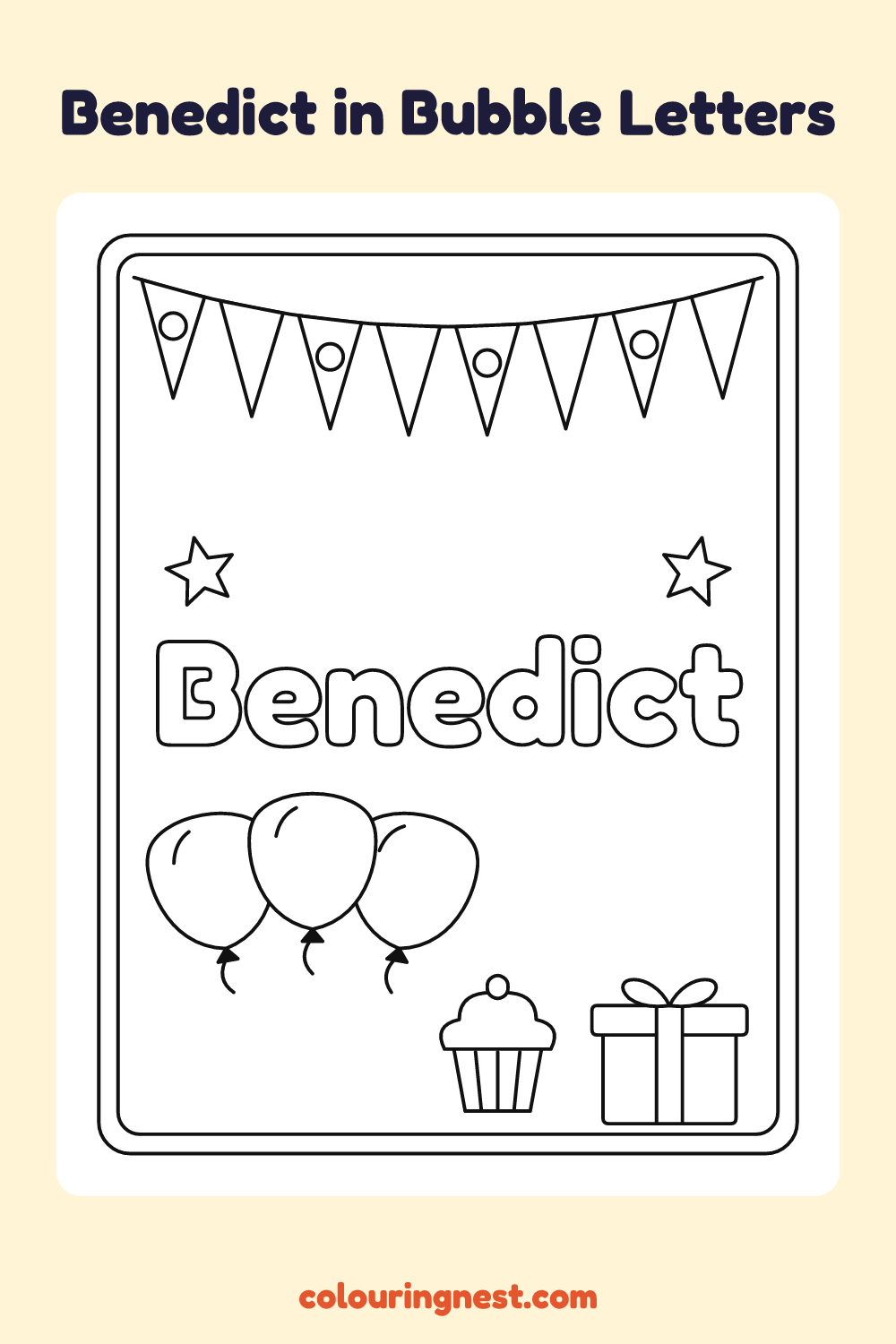 Benedict in Bubble Letters coloring page: free printable black-and-white line art