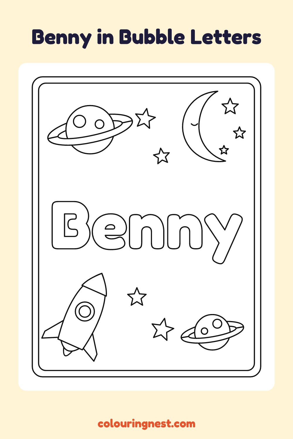 Benny in Bubble Letters coloring page: free printable black-and-white line art
