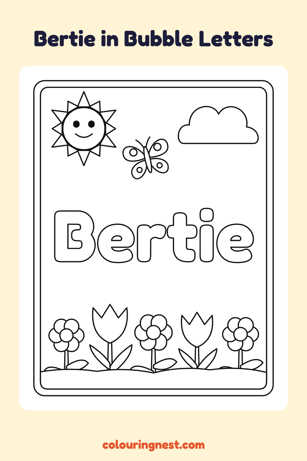 Bertie in Bubble Letters coloring page: free printable black-and-white line art