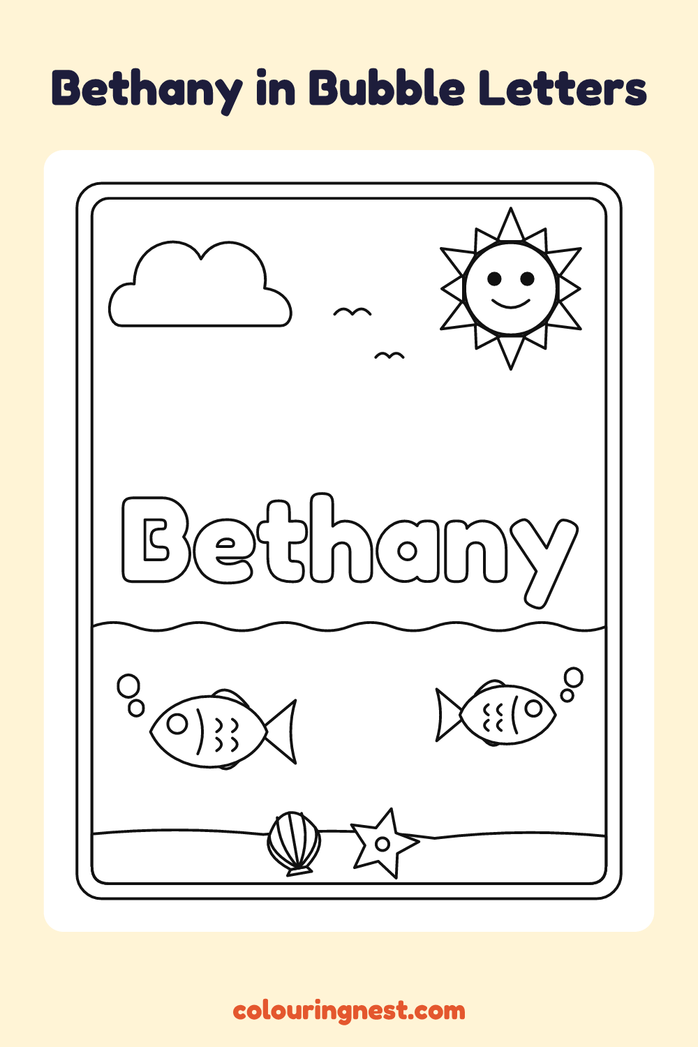 Bethany in Bubble Letters coloring page: free printable black-and-white line art