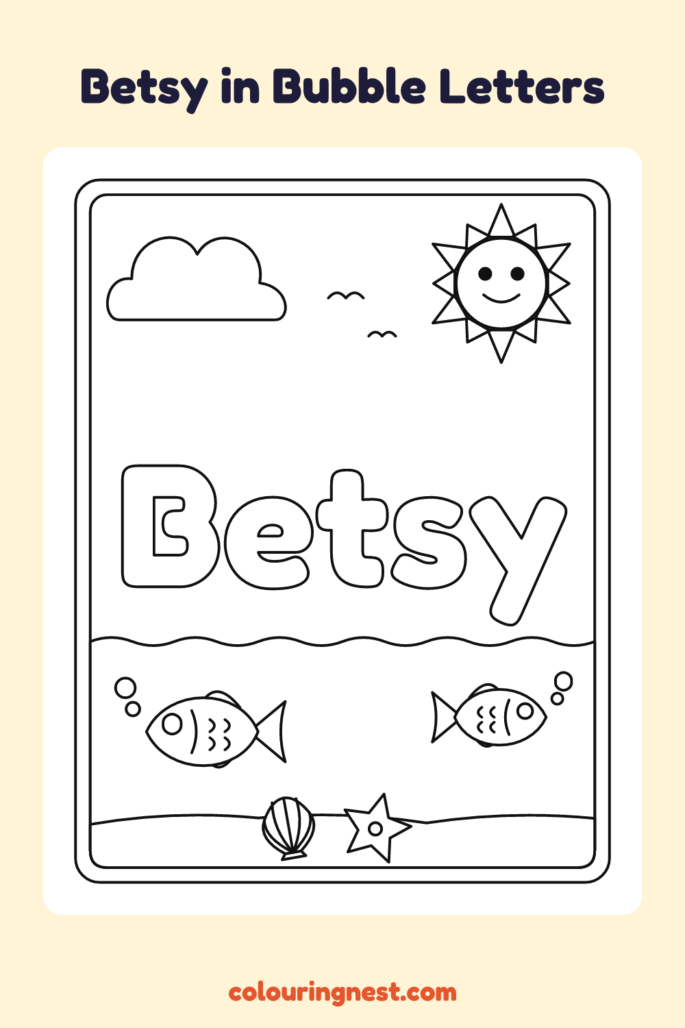 Betsy in Bubble Letters coloring page: free printable black-and-white line art