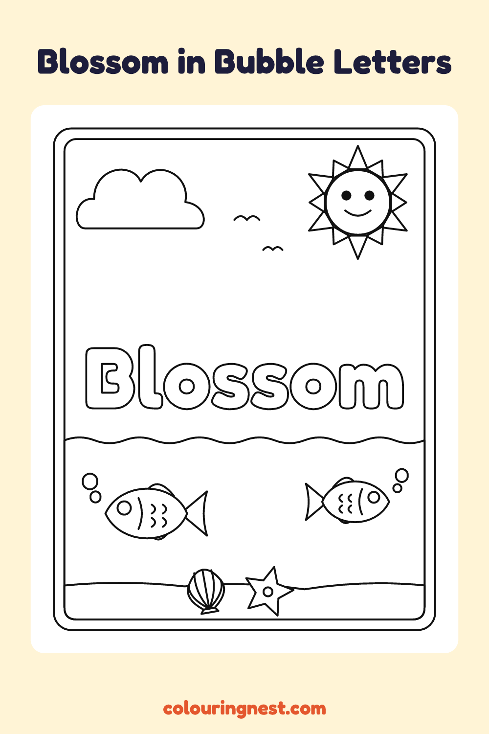 Blossom in Bubble Letters coloring page: free printable black-and-white line art