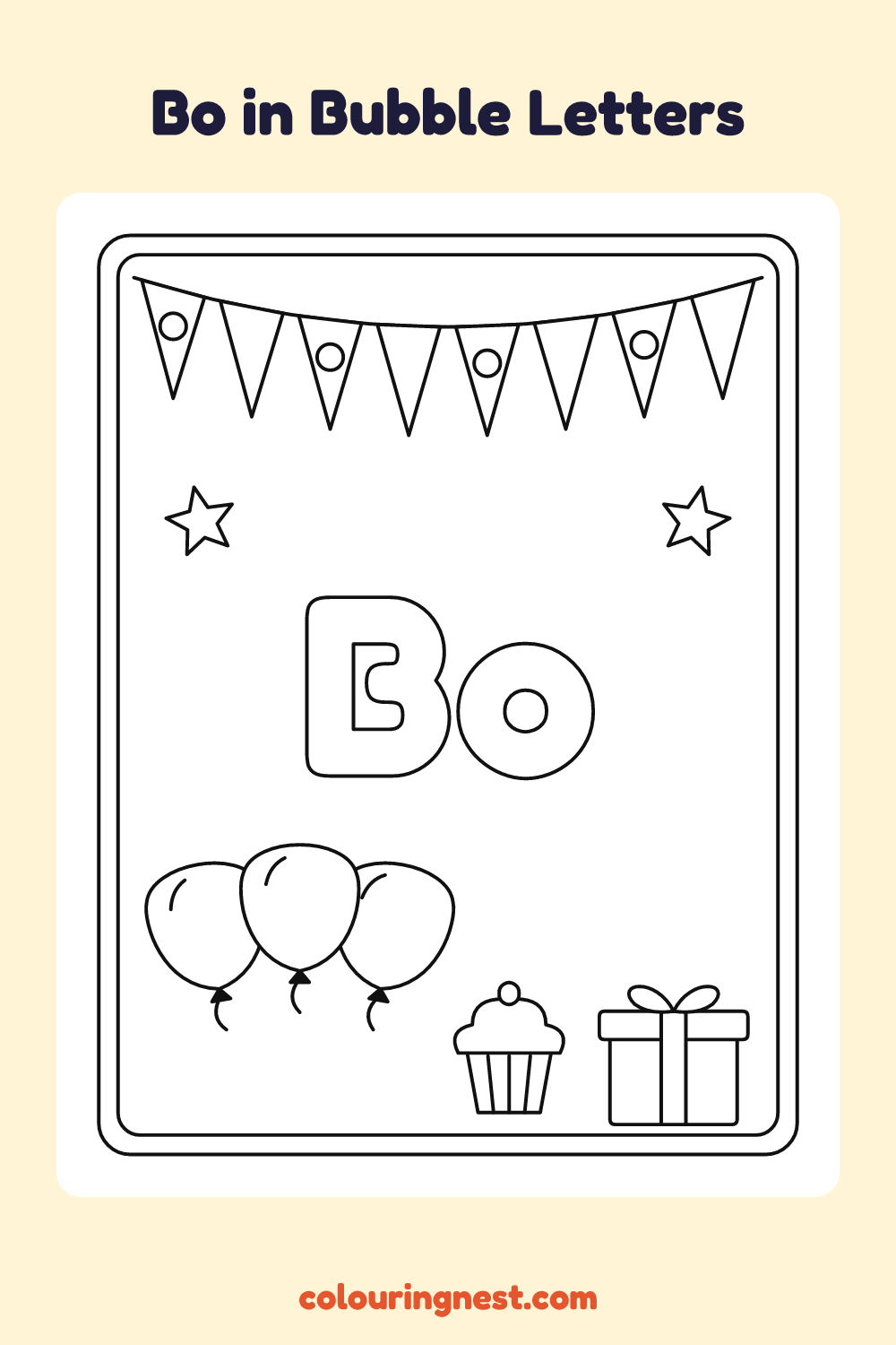 Bo in Bubble Letters coloring page: free printable black-and-white line art