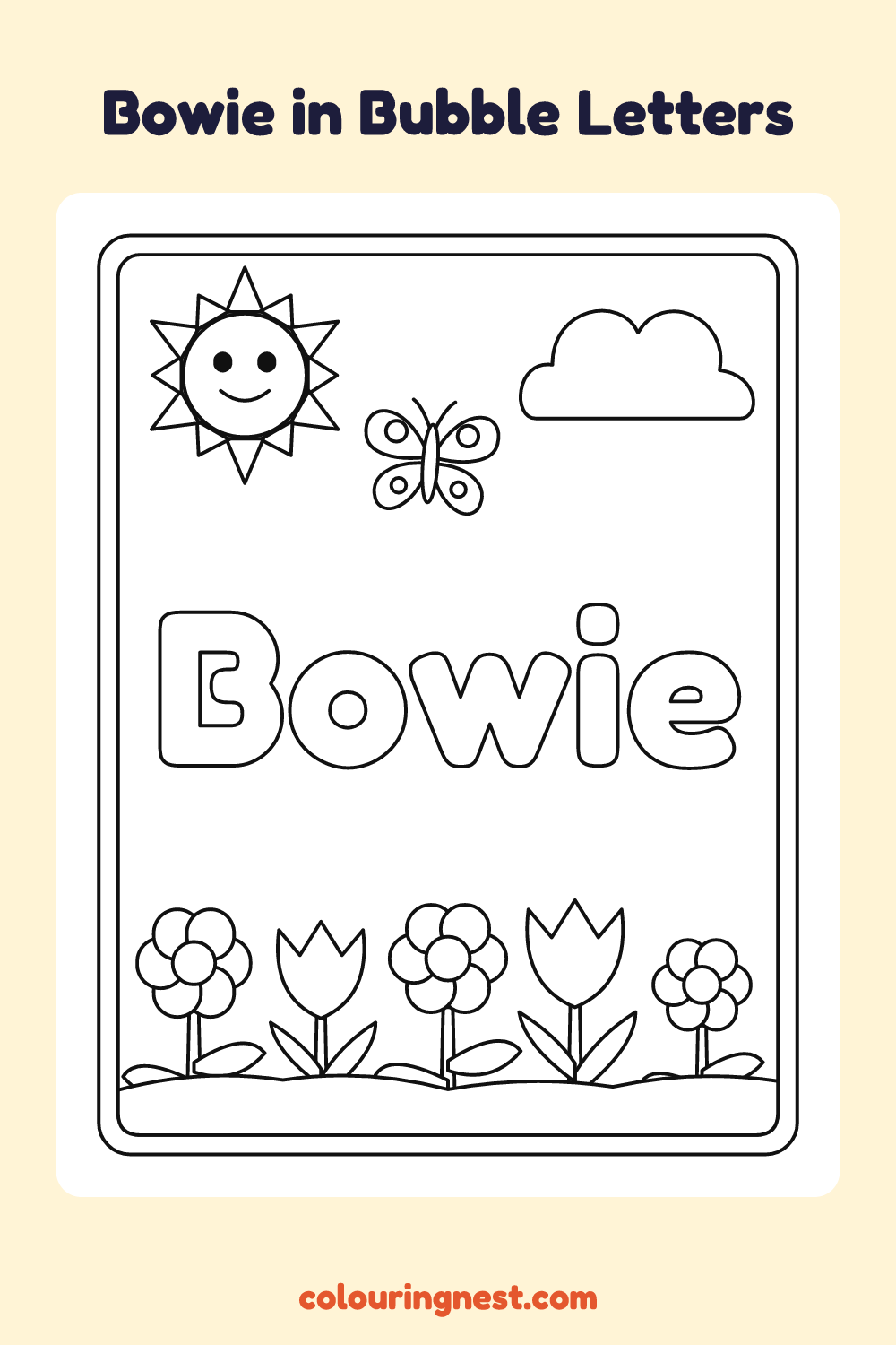 Bowie in Bubble Letters coloring page: free printable black-and-white line art