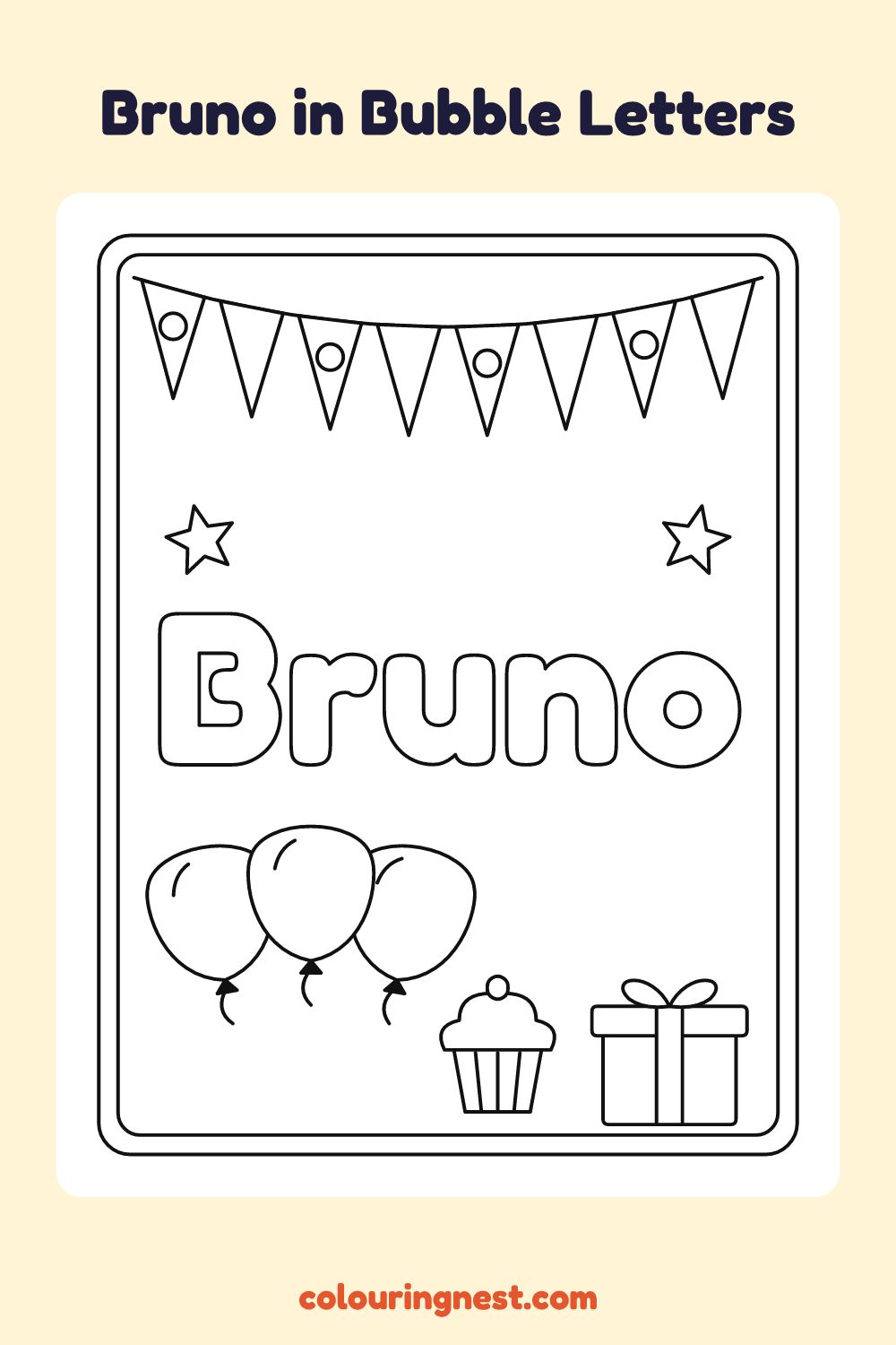 Bruno in Bubble Letters coloring page: free printable black-and-white line art