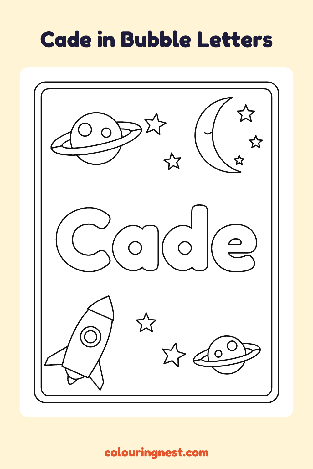 Cade in Bubble Letters coloring page: free printable black-and-white line art