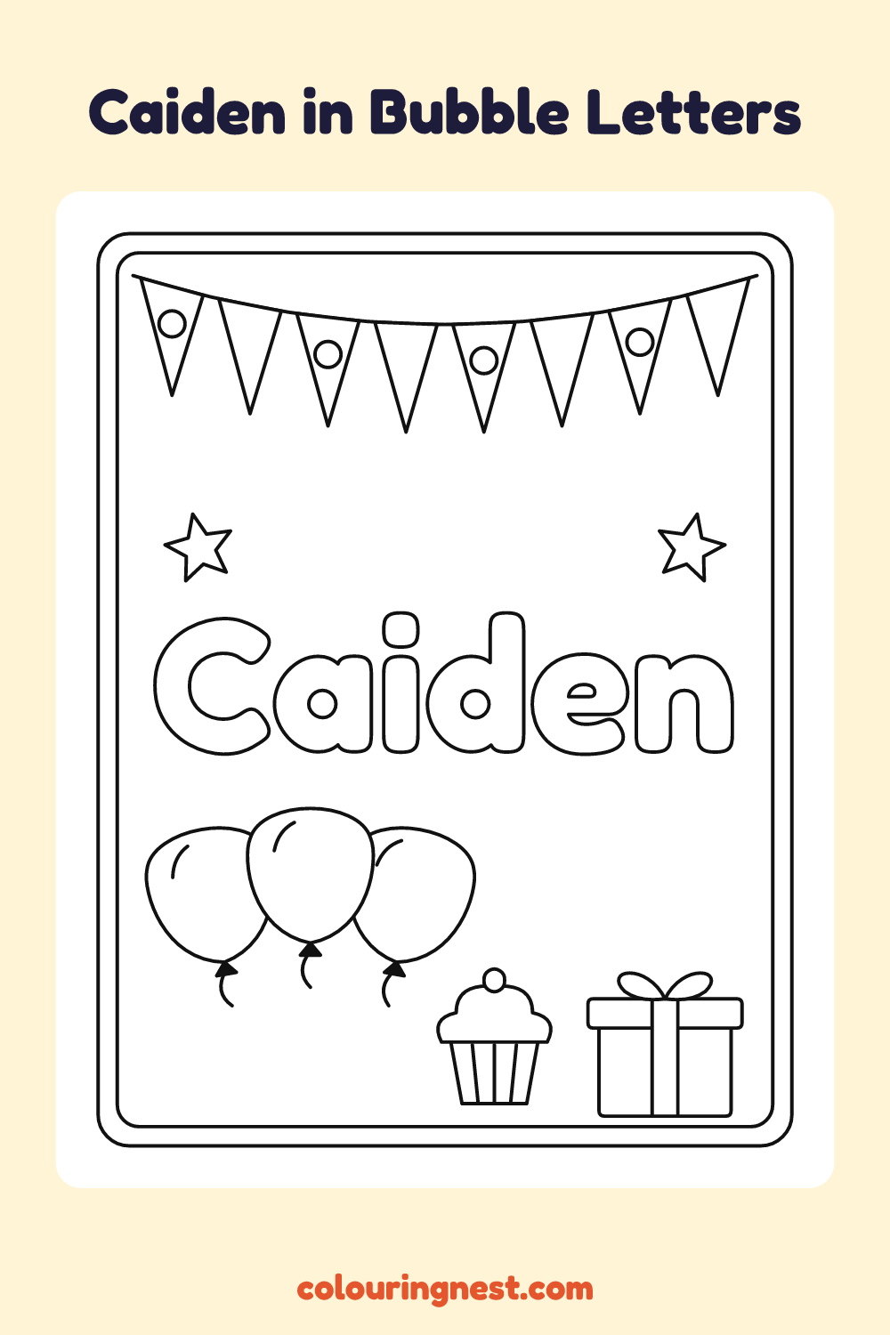 Caiden in Bubble Letters coloring page: free printable black-and-white line art