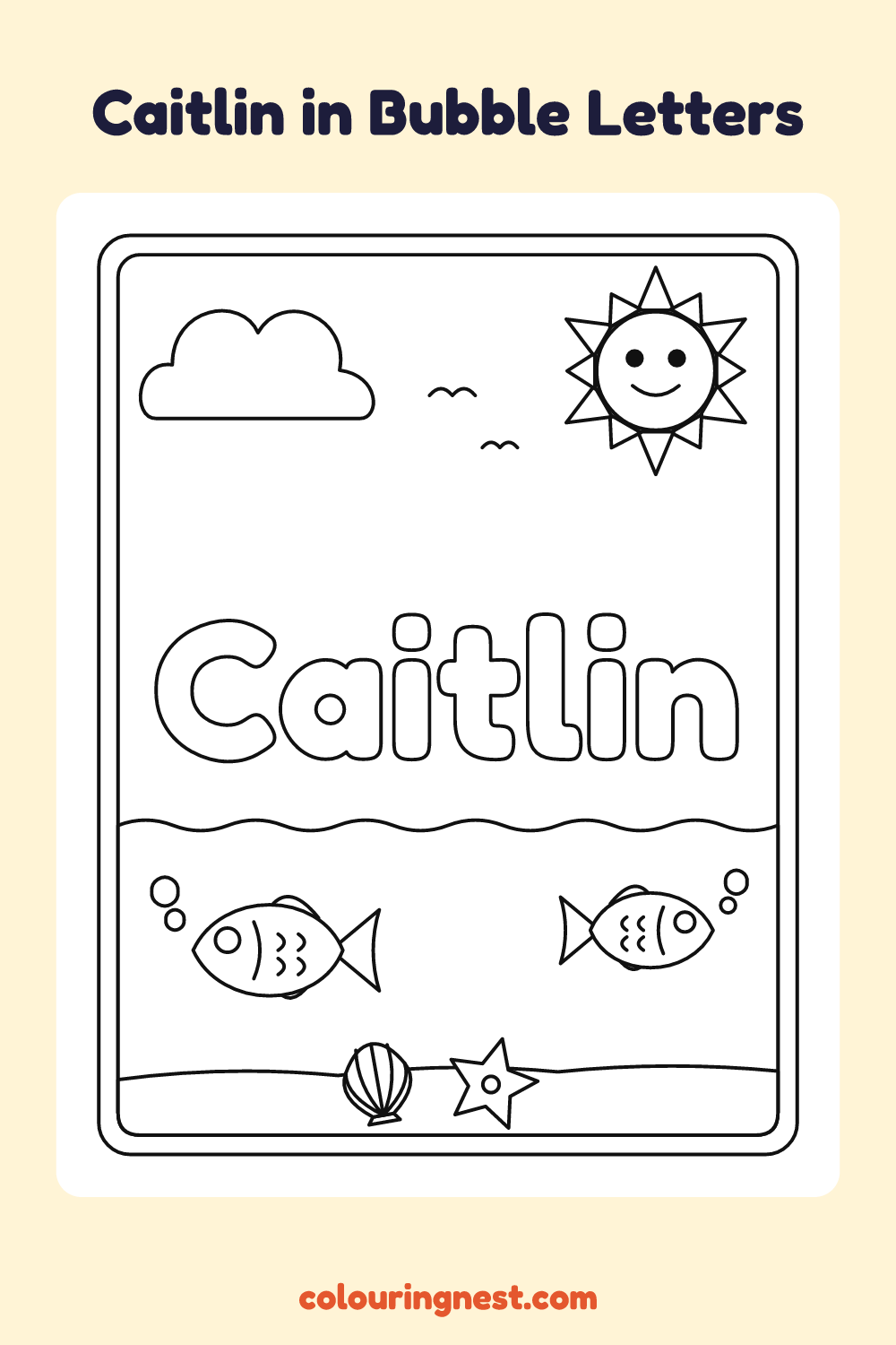 Caitlin in Bubble Letters coloring page: free printable black-and-white line art