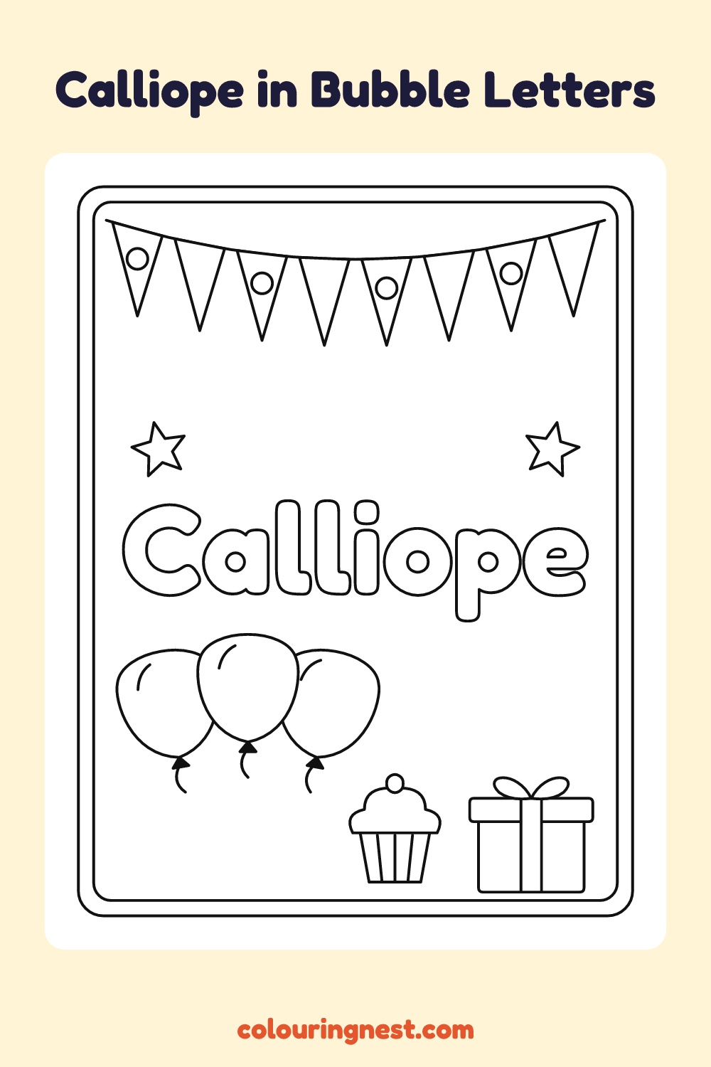 Calliope in Bubble Letters coloring page: free printable black-and-white line art