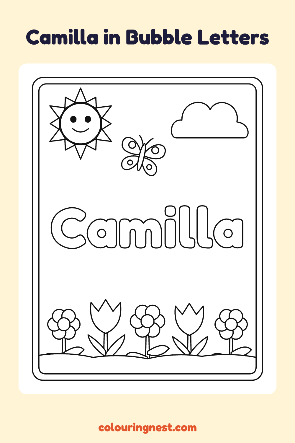 Camilla in Bubble Letters coloring page: free printable black-and-white line art