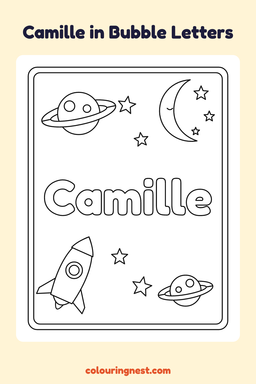 Camille in Bubble Letters coloring page: free printable black-and-white line art