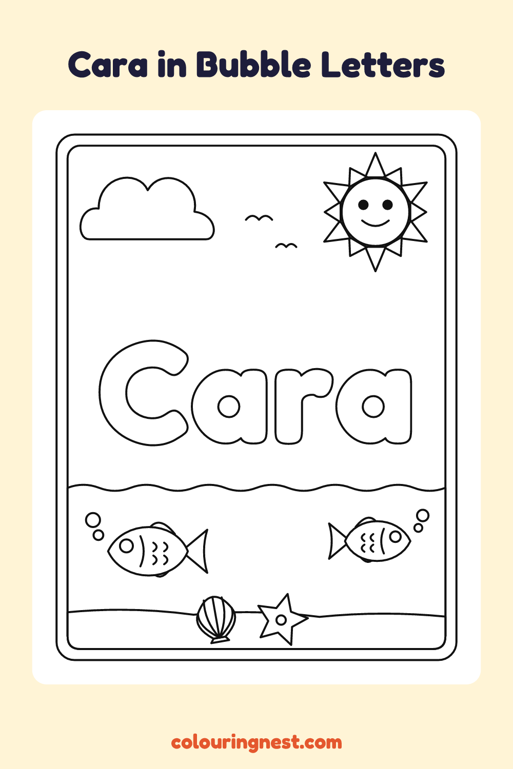 Cara in Bubble Letters coloring page: free printable black-and-white line art
