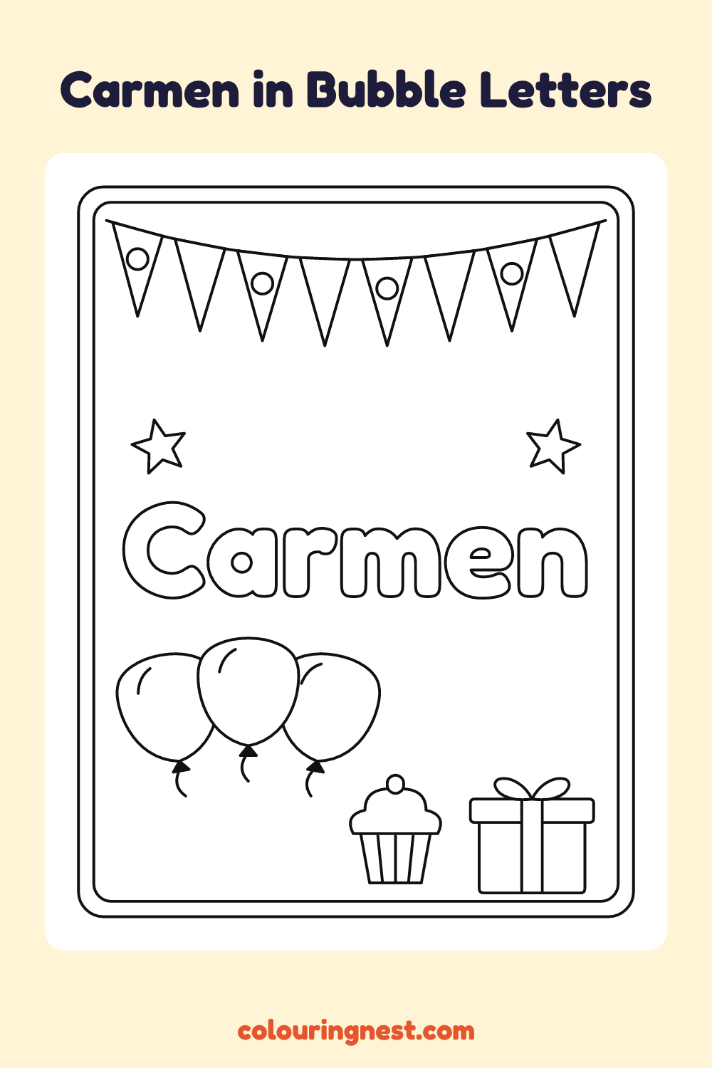 Carmen in Bubble Letters coloring page: free printable black-and-white line art