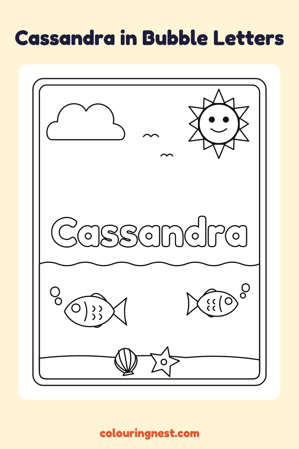 Cassandra in Bubble Letters coloring page: free printable black-and-white line art