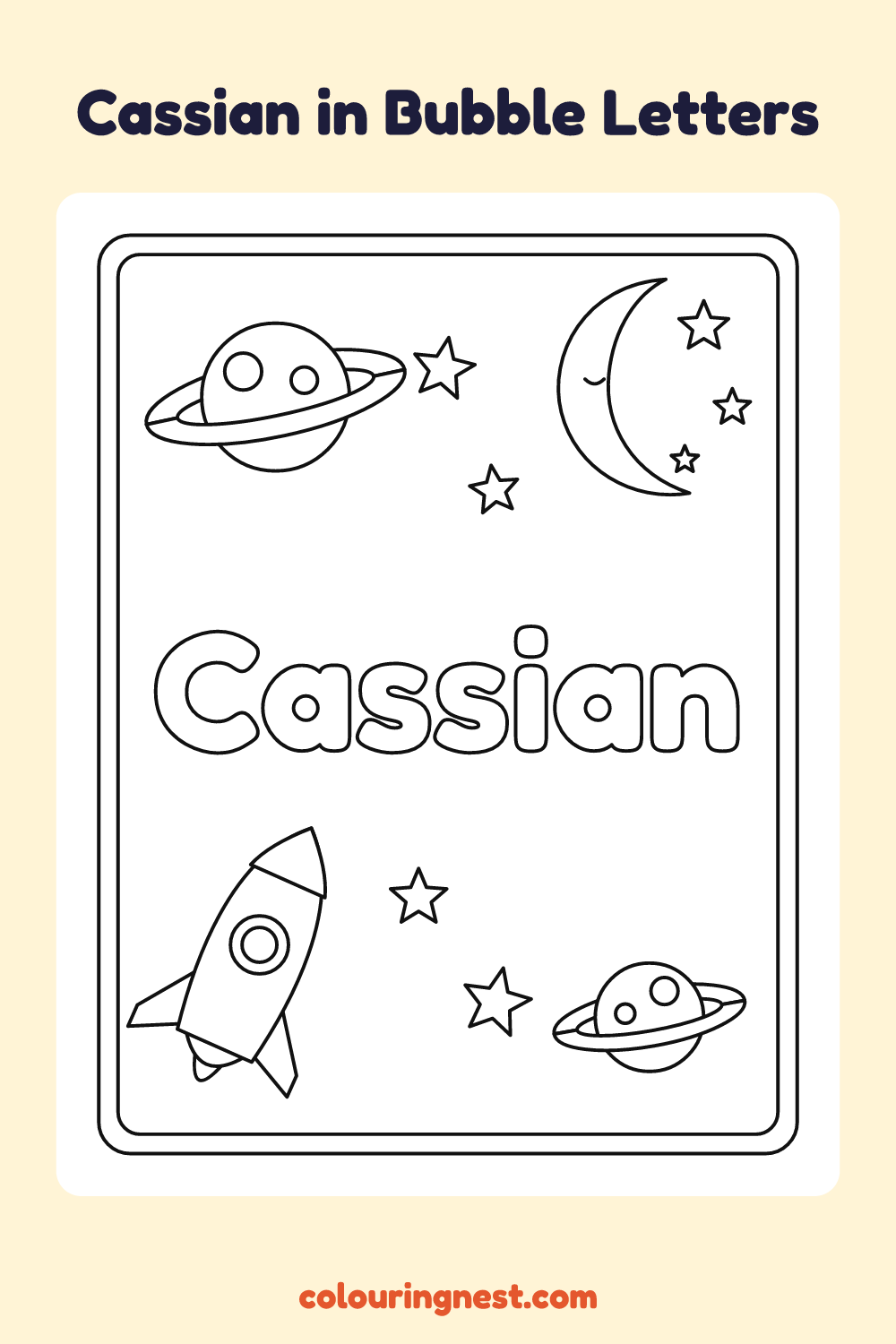 Cassian in Bubble Letters coloring page: free printable black-and-white line art