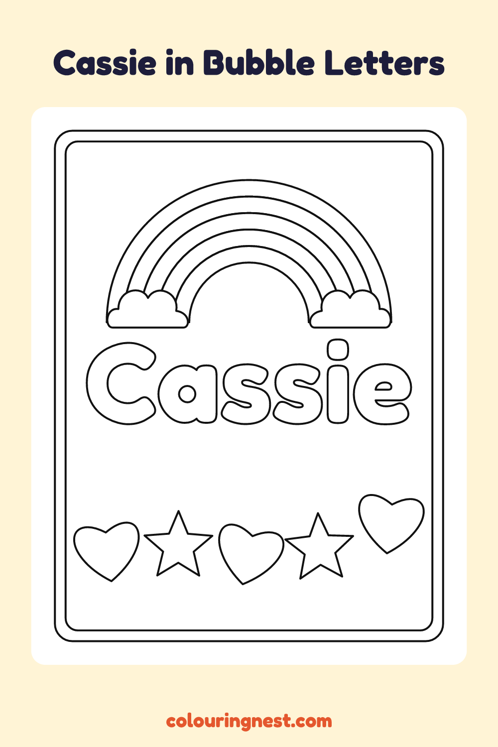 Cassie in Bubble Letters coloring page: free printable black-and-white line art