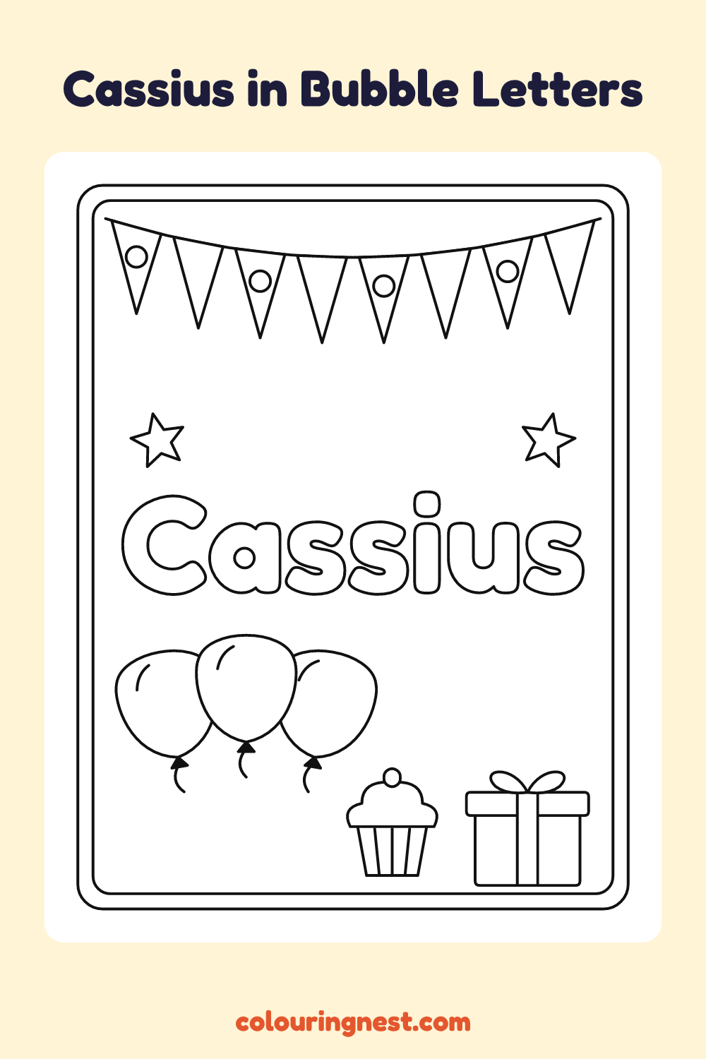 Cassius in Bubble Letters coloring page: free printable black-and-white line art