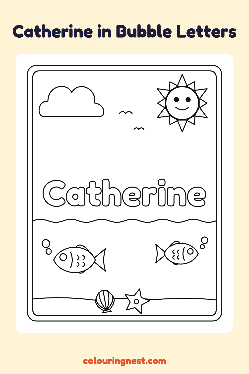 Catherine in Bubble Letters coloring page: free printable black-and-white line art