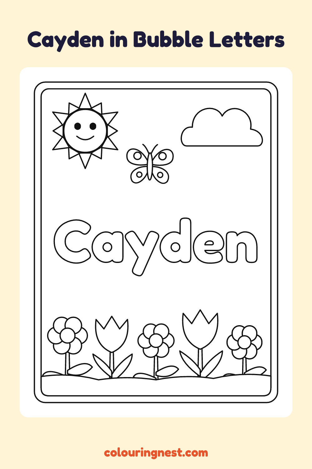Cayden in Bubble Letters coloring page: free printable black-and-white line art