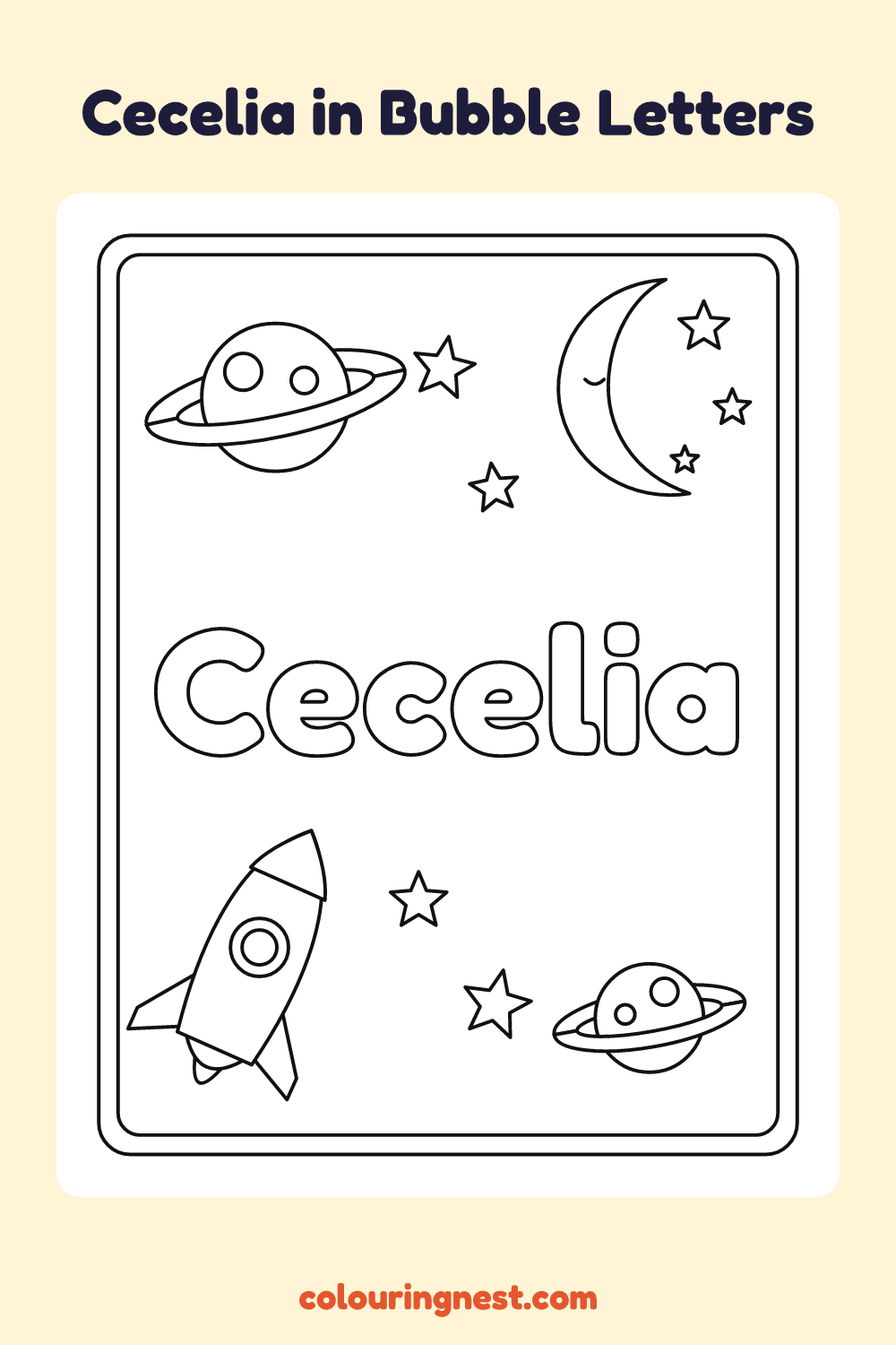 Cecelia in Bubble Letters coloring page: free printable black-and-white line art