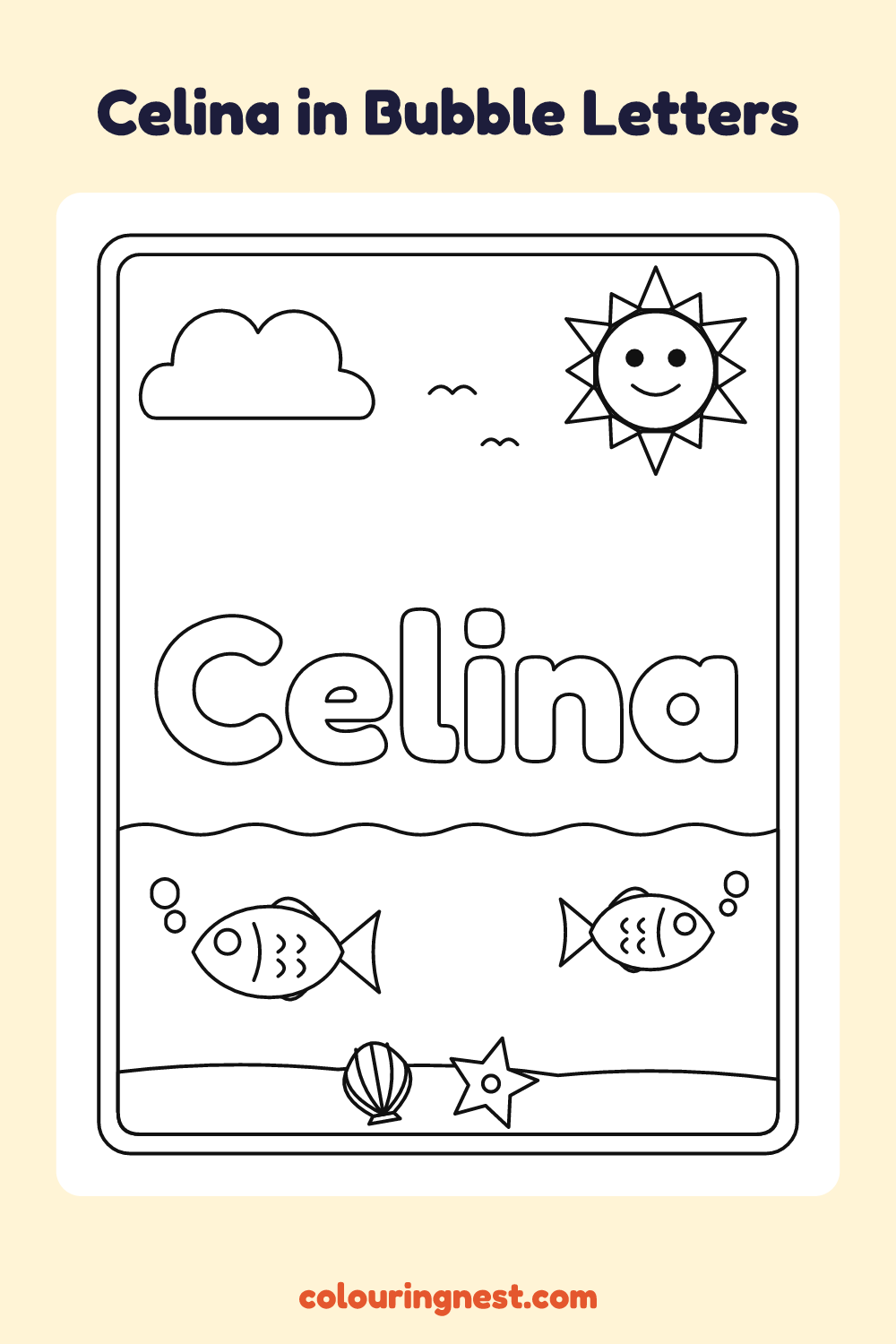 Celina in Bubble Letters coloring page: free printable black-and-white line art