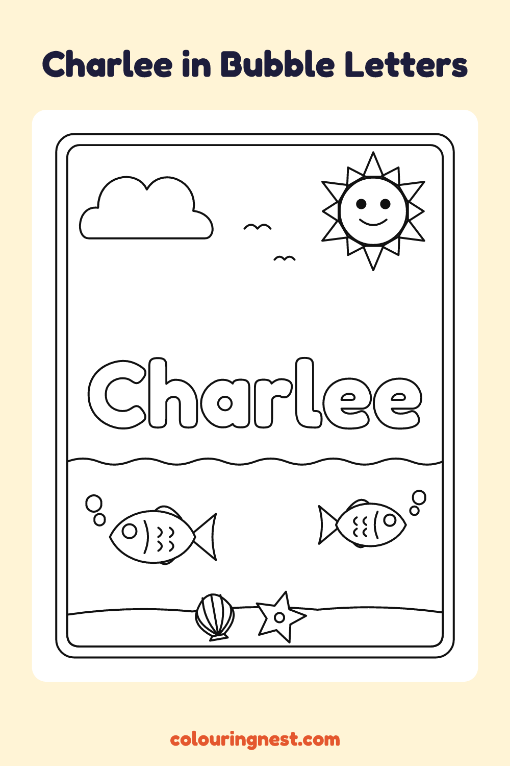 Charlee in Bubble Letters coloring page: free printable black-and-white line art