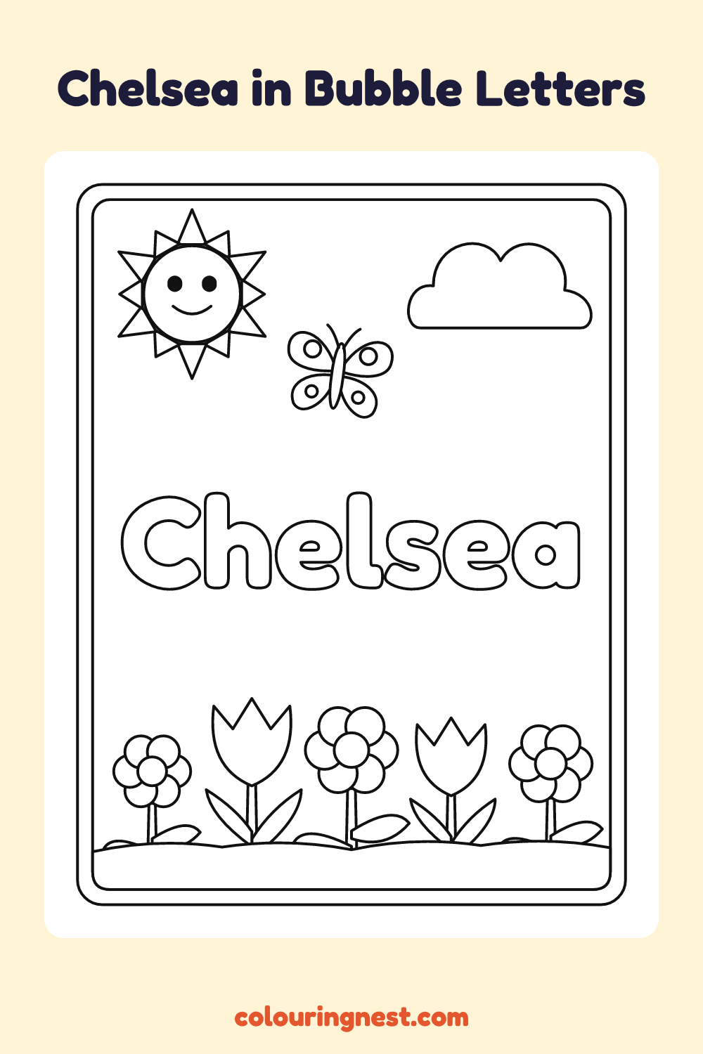 Chelsea in Bubble Letters coloring page: free printable black-and-white line art
