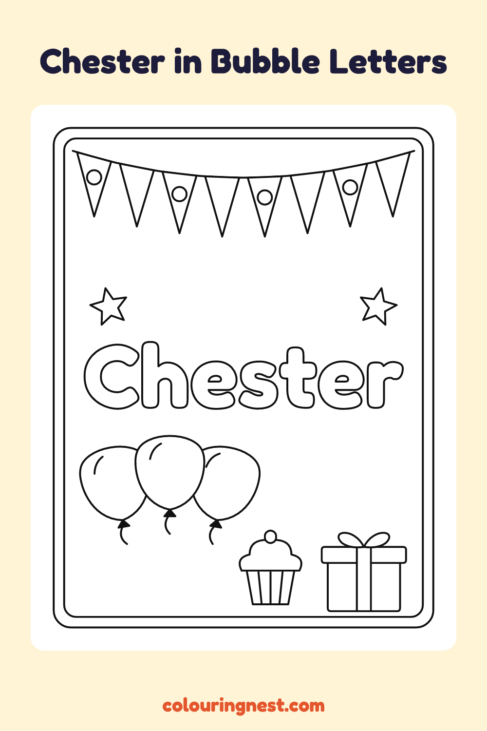 Chester in Bubble Letters coloring page: free printable black-and-white line art