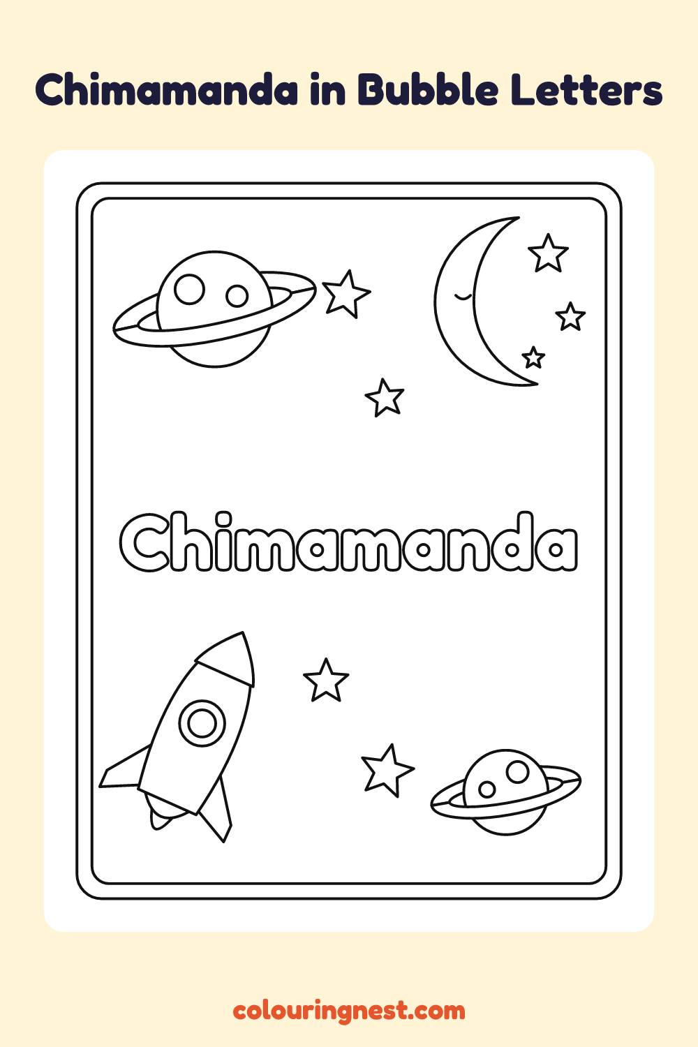 Chimamanda in Bubble Letters coloring page: free printable black-and-white line art